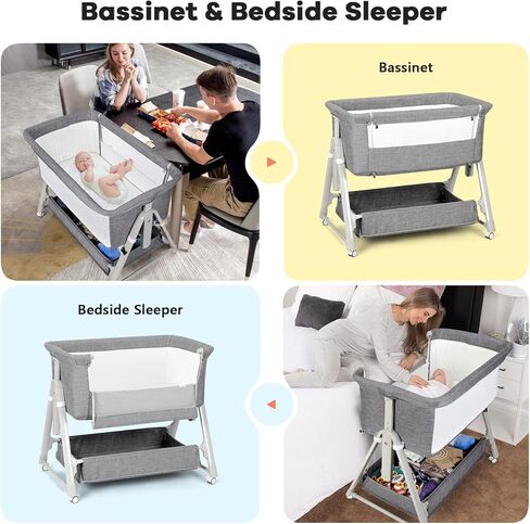 سرير أطفال Cowiewie Bassinet بجانب السرير، سرير أطفال 3 في 1 مزود بمرتبة وعجلات، سرير محمول سهل الطي بجانب السرير للطفل مع حقيبة تخزين وسفر، شبكة مسامية، ثابت وآمن، بيج in Kuwait