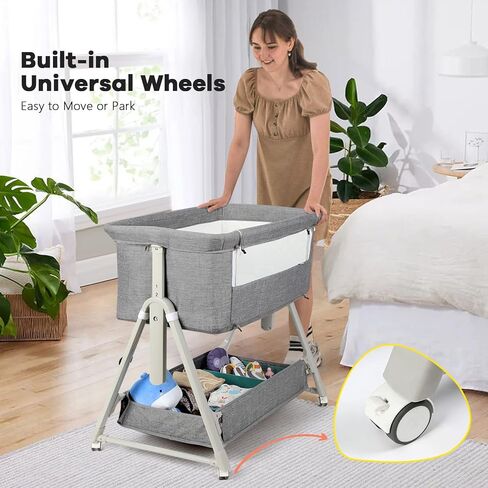 سرير أطفال Cowiewie Bassinet بجانب السرير، سرير أطفال 3 في 1 مزود بمرتبة وعجلات، سرير محمول سهل الطي بجانب السرير للطفل مع حقيبة تخزين وسفر، شبكة مسامية، ثابت وآمن، بيج in Kuwait