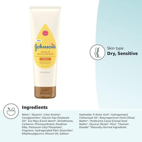Johnson's Baby Creamy Oil for Baby with Shea & Cocoa Butter, Moisturizing Body Lotion with Gentle Fragrance, Hypoallergenic, Non-Greasy, Paraben-Free, Phthalate-Free and Dye-Free, 8 fl. oz in Saudi Arabia