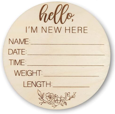 لافتة ترحيب خشبية لحديثي الولادة - Hello I'm New Here Baby Name Sign - علامة إعلان الطفل المستدير للمستشفيات - علامة ستاية وصول الرضيع - 3.5 بوصة طويلة وواسعة بسمك 3 مم in Saudi Arabia