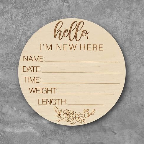لافتة ترحيب خشبية لحديثي الولادة - Hello I'm New Here Baby Name Sign - علامة إعلان الطفل المستدير للمستشفيات - علامة ستاية وصول الرضيع - 3.5 بوصة طويلة وواسعة بسمك 3 مم in Saudi Arabia