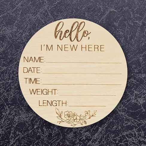 لافتة ترحيب خشبية لحديثي الولادة - Hello I'm New Here Baby Name Sign - علامة إعلان الطفل المستدير للمستشفيات - علامة ستاية وصول الرضيع - 3.5 بوصة طويلة وواسعة بسمك 3 مم in Saudi Arabia