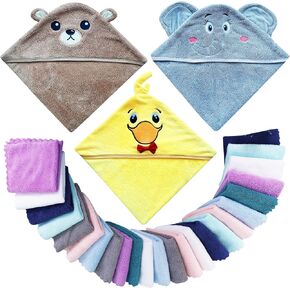 3 Pack Baby Hooded Bath Towel with 24 Count Washcloth Sets for Newborns Infants & Toddlers, Boys & Girls - Baby Registry Search Essentials Item - Bear, Elephant, Duck in Kuwait