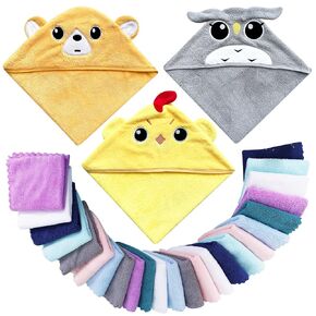 3 Pack Baby Hooded Bath Towel with 24 Count Washcloth Sets for Newborns Infants & Toddlers, Boys & Girls - Baby Registry Search Essentials Item - Bear, Elephant, Duck