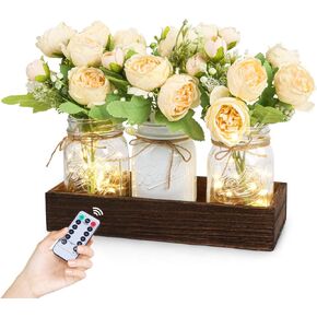 Fowecelt Mason Jar Lights Table Centerpiece Decoration for Dining Room Living Room Kitchen Decor Wood Tray with 3 Jars Sunflower Farmhouse Coffee Centerpieces Table Decor