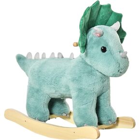 Qaba Kids Plush Ride-On Rocking Horse Triceratops-Shaped Plush Toy Rocker with Realistic Sounds for Child 36-72 Months Dark Green