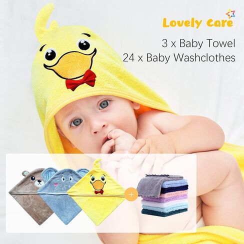 3 Pack Baby Hooded Bath Towel with 24 Count Washcloth Sets for Newborns Infants & Toddlers, Boys & Girls - Baby Registry Search Essentials Item - Bear, Elephant, Duck in Kuwait