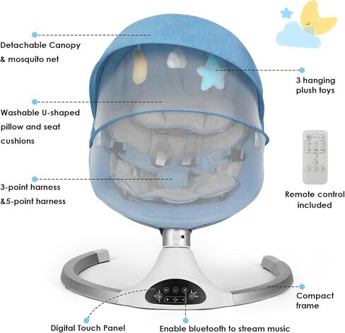أرجوحة الأطفال من كيدينيكس مع بلوتوث، 10 تهويدات، 3 سرعات، حزام أمان وجهاز تحكم عن بعد - حركة هزازة طبيعية، تتضمن ألعاب معلقة، رمادي in Kuwait