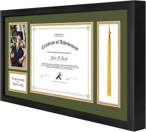 Golden State Art، إطار الدبلوم الأسود مقاس 11x17.5 مع حامل شرابة لدبلوم 8.5x11 وإطار الشرابة، صندوق ظلال التخرج مع الخشب الصلب والزجاج المقسى، حصيرة سوداء فوق الذهب للجدار، عبوة واحدة in Kuwait
