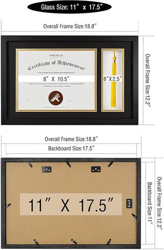 Golden State Art، إطار الدبلوم الأسود مقاس 11x17.5 مع حامل شرابة لدبلوم 8.5x11 وإطار الشرابة، صندوق ظلال التخرج مع الخشب الصلب والزجاج المقسى، حصيرة سوداء فوق الذهب للجدار، عبوة واحدة in Kuwait