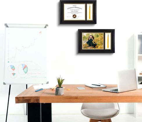 Golden State Art، إطار الدبلوم الأسود مقاس 11x17.5 مع حامل شرابة لدبلوم 8.5x11 وإطار الشرابة، صندوق ظلال التخرج مع الخشب الصلب والزجاج المقسى، حصيرة سوداء فوق الذهب للجدار، عبوة واحدة in Kuwait