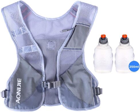 AONIJIE Men Women Ultralight Running Vest Pack Reflective Breathable Hydration Backpack for Hiking Camping Marathon Cycling Race (Gray- with 2 pcs 250ml Bottles) in Kuwait