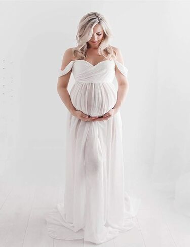 ORQ Women's Off Shoulder Chiffon Maternity Gown Lace Split Front Maxi Photoshoot Dress for Photography in Kuwait