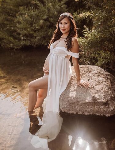 ORQ Women's Off Shoulder Chiffon Maternity Gown Lace Split Front Maxi Photoshoot Dress for Photography in Kuwait