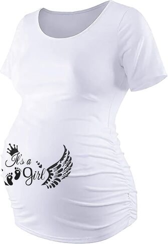 قميص الأمومة إعلان الحوامل بلايز المرأة Crewneck Ruched مضحك أجنحة الملاك تي شيرت، قصيرة الأكمام تي شيرت، أبيض in Kuwait