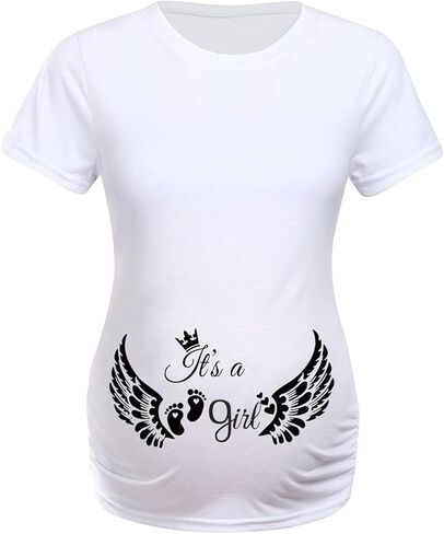 قميص الأمومة إعلان الحوامل بلايز المرأة Crewneck Ruched مضحك أجنحة الملاك تي شيرت، قصيرة الأكمام تي شيرت، أبيض in Kuwait