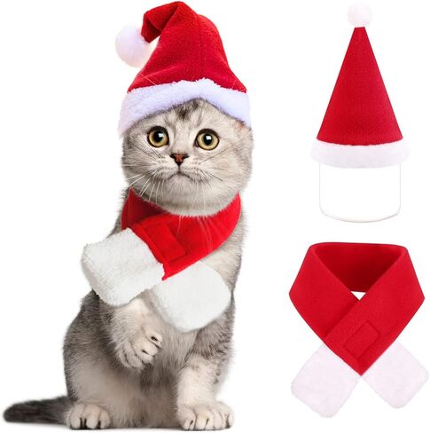 YUJUN 2PCS Cat Christmas Costume Christmas Pet Santa Hat with Scarf Outfit for Puppy Kitten Christmas Party Costume Supplies in Kuwait