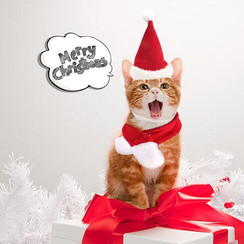 YUJUN 2PCS Cat Christmas Costume Christmas Pet Santa Hat with Scarf Outfit for Puppy Kitten Christmas Party Costume Supplies in Kuwait