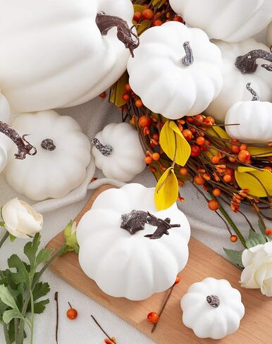 12 قطعة من Oyydecor بأحجام متنوعة من القرع الاصطناعي لتزيين الحصاد والقرع الأبيض والقرع الرغوي المزيف لديكور الخريف والخريف وعيد الشكر وديكورات الهالوين (أبيض، 12 قطعة) in Kuwait