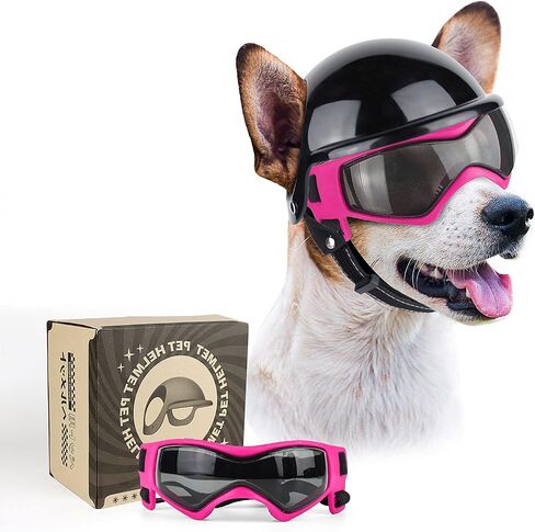 PETLESO Dog Goggles for Small Dogs with Helmet, 2pcs Dog Sunglasses and Dog Helmet Set for Small Medium Dog Outdoor Driving Walking, Pink in Saudi Arabia