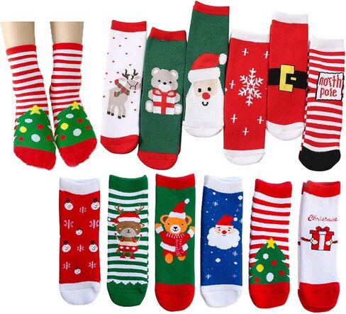 Gellwhu 12 زوجًا من جوارب عيد الميلاد للأطفال هدايا تخزين حشوات سميكة للشتاء الدافئ للعطلات جوارب قطنية للأطفال الصغار in Kuwait