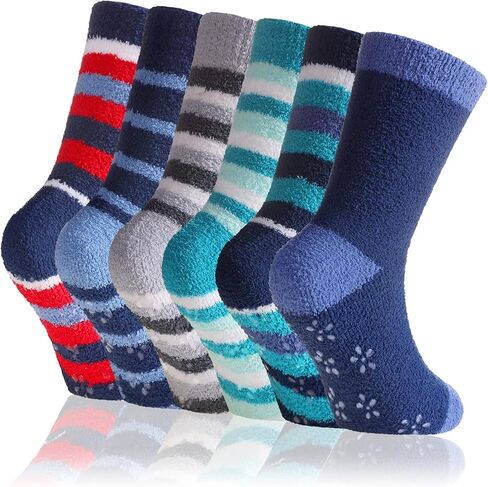 Kids Fuzzy Slipper Socks with Grips Children Boys Girls Toddlers Non Slip Warm Winter Cozy Fluffy Thermal Cute Socks 6 Pairs in Saudi Arabia