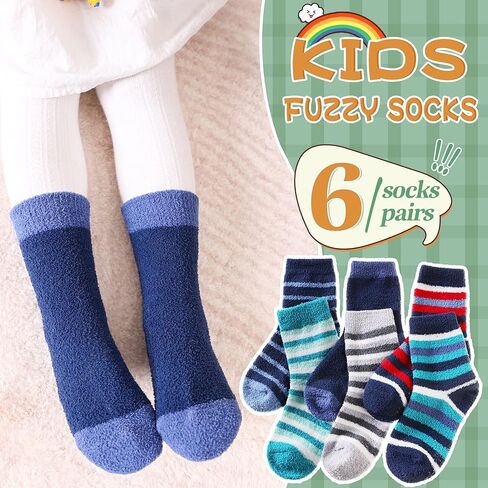 Kids Fuzzy Slipper Socks with Grips Children Boys Girls Toddlers Non Slip Warm Winter Cozy Fluffy Thermal Cute Socks 6 Pairs in Saudi Arabia