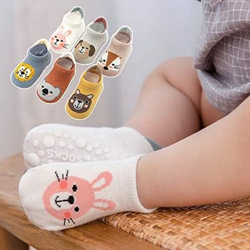 Kisgyst 6 Pairs Baby Non Slip Grip Cotton Animal Ankle Socks with Non Skid Soles for Newborn Toddler Boy Girl in Saudi Arabia