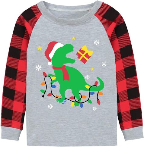 Toddler Boy Girl Ugly Christmas Digger Dinosaur T-Shirt Red Plaid Raglan Long Sleeve Kids Xmas Tractor Clothes Tops 2-7T in Kuwait