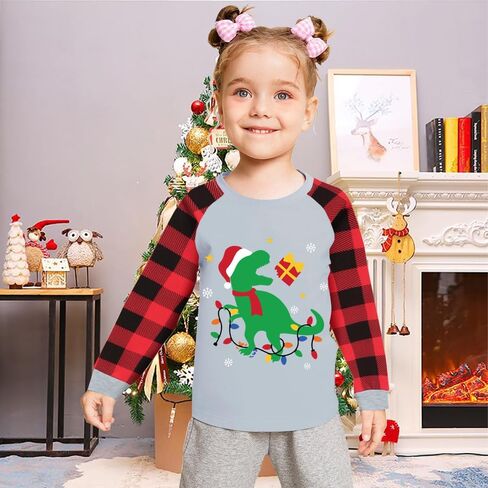 Toddler Boy Girl Ugly Christmas Digger Dinosaur T-Shirt Red Plaid Raglan Long Sleeve Kids Xmas Tractor Clothes Tops 2-7T in Kuwait