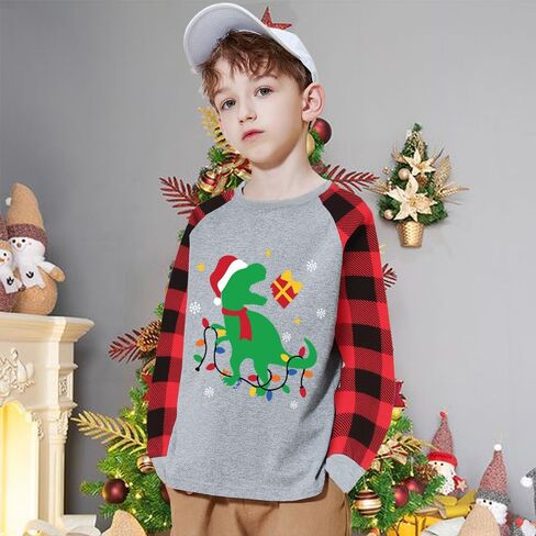 Toddler Boy Girl Ugly Christmas Digger Dinosaur T-Shirt Red Plaid Raglan Long Sleeve Kids Xmas Tractor Clothes Tops 2-7T in Kuwait