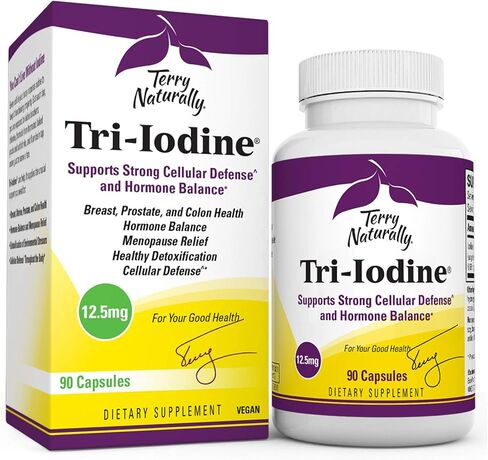 Terry Naturally Tri-Iodine 12.5 mg - 12500 mcg Iodine, 180 Vegan Capsules - Supports Hormone Balance, Promotes Breast & Prostate Health - Non-GMO, Gluten-Free, Kosher - 180 Servings in Kuwait