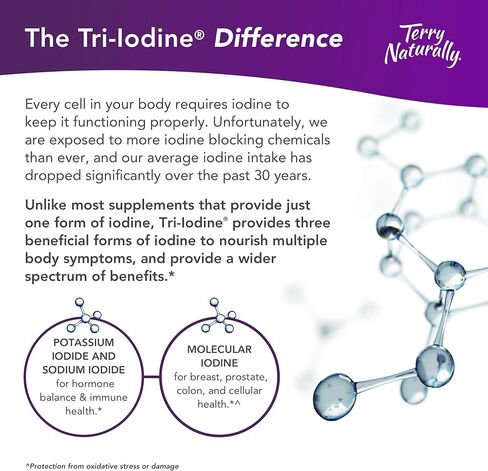 Terry Naturally Tri-Iodine 12.5 mg - 12500 mcg Iodine, 180 Vegan Capsules - Supports Hormone Balance, Promotes Breast & Prostate Health - Non-GMO, Gluten-Free, Kosher - 180 Servings in Kuwait