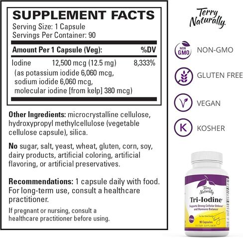 Terry Naturally Tri-Iodine 12.5 mg - 12500 mcg Iodine, 180 Vegan Capsules - Supports Hormone Balance, Promotes Breast & Prostate Health - Non-GMO, Gluten-Free, Kosher - 180 Servings in Kuwait