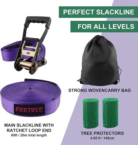 Slackline Kit for Kids Zipline Accessories 65ft Zip Line Ninja Warrior Slackline Tight Rope Line for Kids and Adult Backyard Training Equipment for Outside in Kuwait