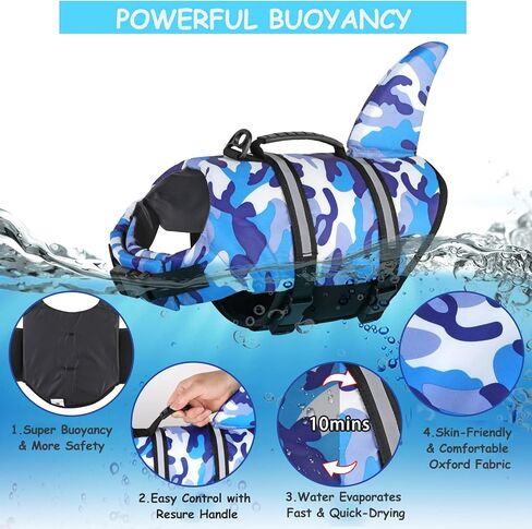 Fragralley Dog Life Jacket Shark, Dog Life Vest Adjustable Ripstop, Dog Swimming Safety Vest with Superior Buoyancy & Rescue Handle for Small Medium Large Dogs, Swim, Pool, Beach, Boating in Kuwait