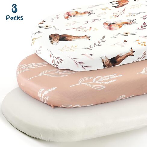 Stretchy Ultra Soft Fitted Bassinet Sheets 3 Pack, Universal Fitted for Oval Rectangle Bassinet Mattresses Safe and Snug, Stylish Bassinet Sheet Gender-Neutral Print for Baby in Saudi Arabia