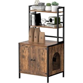 Tohomeor Litter Box Enclosure with Shelves and Doors Vintage Wooden Hidden Cat Litter Box Furniture Industrial Indoor Cat House Washroom Pet Crate Storage Cabinet (Grey)