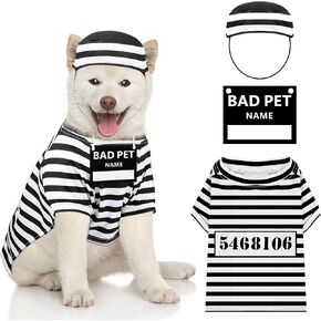 Funny Dog Prisoner Costumes Halloween Dog Prison Pooch Shirts Washable Dog Hat and Card for Halloween Dog Puppy Pet Cosplay (X-Small) in Kuwait
