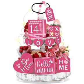 15 Pcs Valentine's Day Tiered Tray Decor Set, Heart Table Top Decor Farmhouse Wooden Block Signs Rolling Pin Wood Beads Garland Decor with LED String Lights for Valentine Home Kitchen Decorations