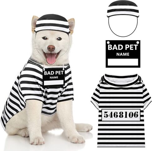 Funny Dog Prisoner Costumes Halloween Dog Prison Pooch Shirts Washable Dog Hat and Card for Halloween Dog Puppy Pet Cosplay (X-Small) in Kuwait