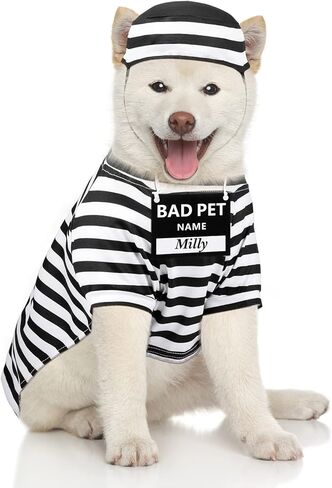 Funny Dog Prisoner Costumes Halloween Dog Prison Pooch Shirts Washable Dog Hat and Card for Halloween Dog Puppy Pet Cosplay (X-Small) in Kuwait