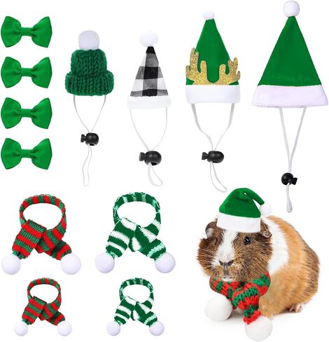 PStarDMoon 12 Pieces Small Animal Christmas Costume Guinea Pig Costume Mini Santa Hats Tiny Santa Hats with Scarfs and Butterfly Ties for Hamster Guinea Pig Chinchilla Hedgehog Rabbit (Green) (Green) in Kuwait