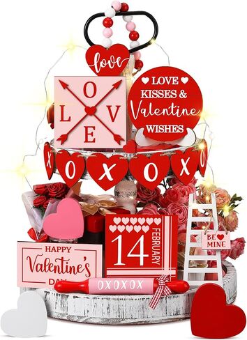 15 Pcs Valentine's Day Tiered Tray Decor Set, Heart Table Top Decor Farmhouse Wooden Block Signs Rolling Pin Wood Beads Garland Decor with LED String Lights for Valentine Home Kitchen Decorations in Saudi Arabia