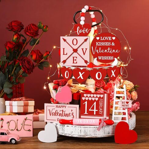 15 Pcs Valentine's Day Tiered Tray Decor Set, Heart Table Top Decor Farmhouse Wooden Block Signs Rolling Pin Wood Beads Garland Decor with LED String Lights for Valentine Home Kitchen Decorations in Saudi Arabia