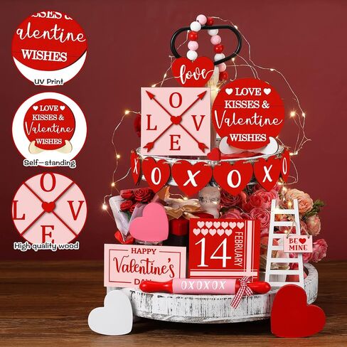 15 Pcs Valentine's Day Tiered Tray Decor Set, Heart Table Top Decor Farmhouse Wooden Block Signs Rolling Pin Wood Beads Garland Decor with LED String Lights for Valentine Home Kitchen Decorations in Saudi Arabia