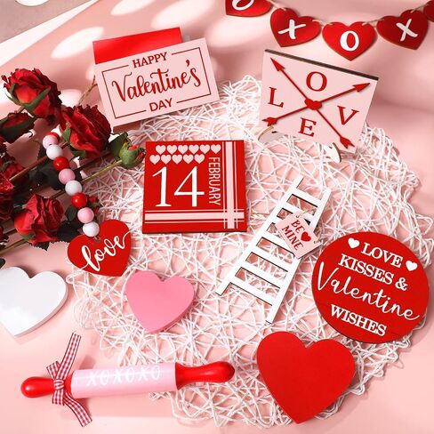 15 Pcs Valentine's Day Tiered Tray Decor Set, Heart Table Top Decor Farmhouse Wooden Block Signs Rolling Pin Wood Beads Garland Decor with LED String Lights for Valentine Home Kitchen Decorations in Saudi Arabia