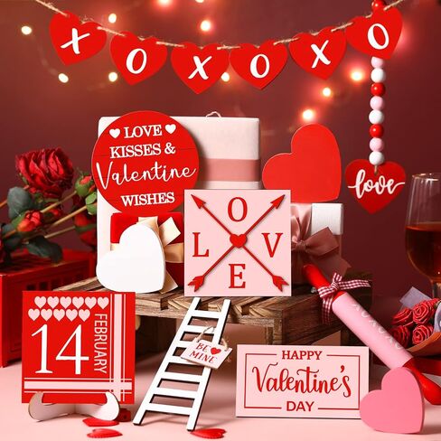 15 Pcs Valentine's Day Tiered Tray Decor Set, Heart Table Top Decor Farmhouse Wooden Block Signs Rolling Pin Wood Beads Garland Decor with LED String Lights for Valentine Home Kitchen Decorations in Saudi Arabia