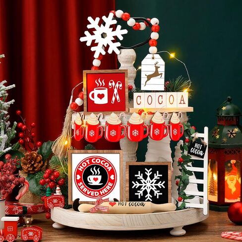 15 Pcs Valentine's Day Tiered Tray Decor Set, Heart Table Top Decor Farmhouse Wooden Block Signs Rolling Pin Wood Beads Garland Decor with LED String Lights for Valentine Home Kitchen Decorations in Saudi Arabia