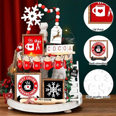15 Pcs Valentine's Day Tiered Tray Decor Set, Heart Table Top Decor Farmhouse Wooden Block Signs Rolling Pin Wood Beads Garland Decor with LED String Lights for Valentine Home Kitchen Decorations in Saudi Arabia